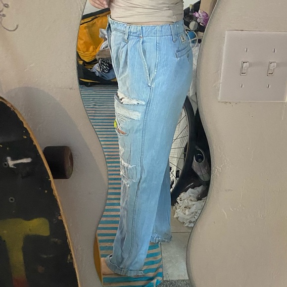 Trashed Vintage New River Pleated Straight Jeans Destroyed 34L Cuffed Ripped - Picture 2 of 14